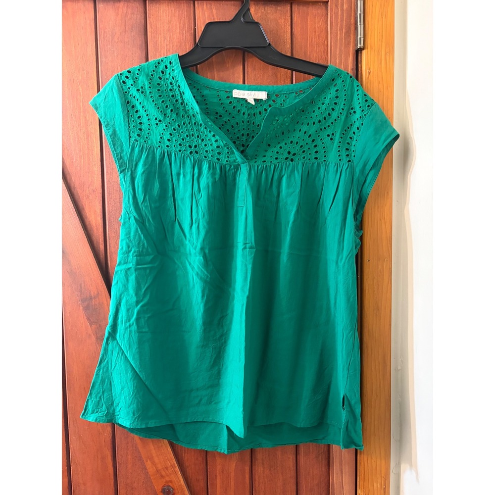 Pale Sky Green Eyelet Yoke Blouse Womens Large Split Neck Cap Sleeve Boho Top